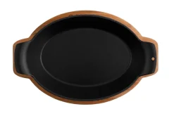 Sallys Gusseisen - Servierpfanne oval 18 x 24 cm - mit Echtholzuntersetzer
