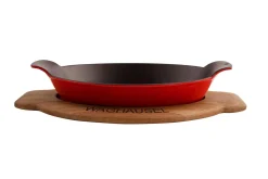 Sallys Gusseisen - Servierpfanne oval 18 x 24 cm - mit Echtholzuntersetzer